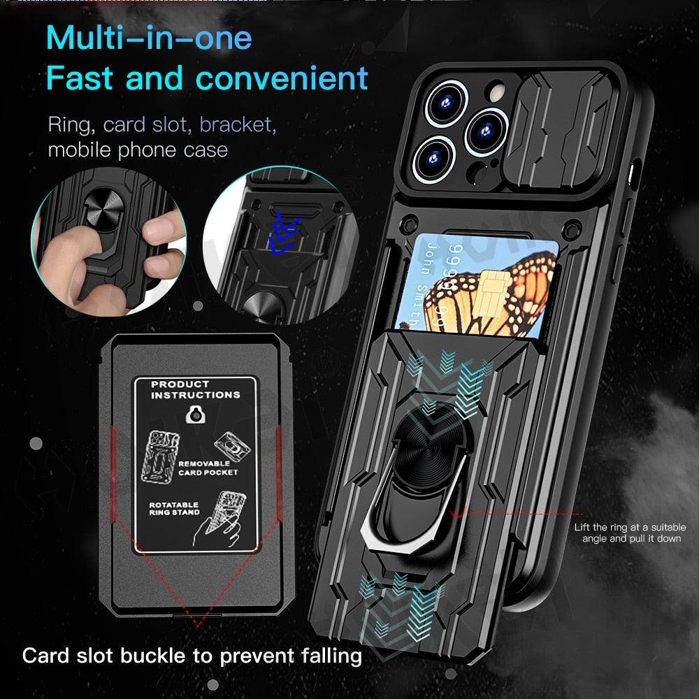 Rugged Camera Protection Card Holder Case for iPhone 11 Pro X XR XS Max 6 7 8 Plus Kickstand