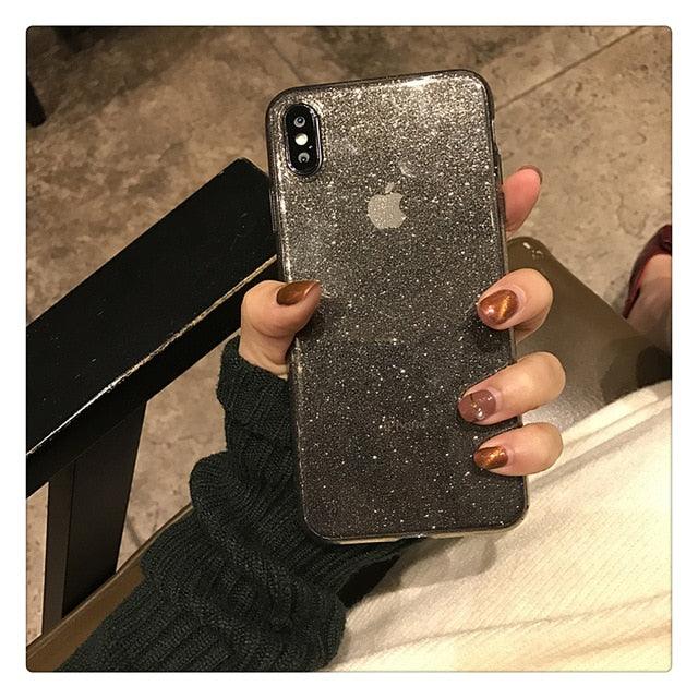 Shiny Glitter Powder Transparent Shockproof Black Phone Case For iPhone 11 Pro XR XS Max 8 7 Plus 6S Bling Soft TPU Back Cover - i-Phonecases.com
