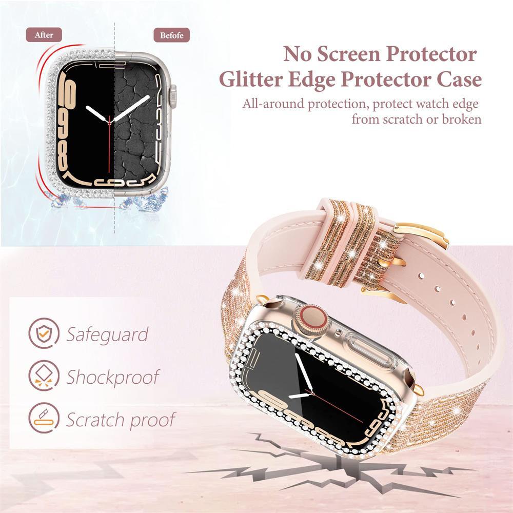 Sparkly Diamond Silicone Leather Strap for Apple Watch 44/41/45/40/42mm With Bling Case