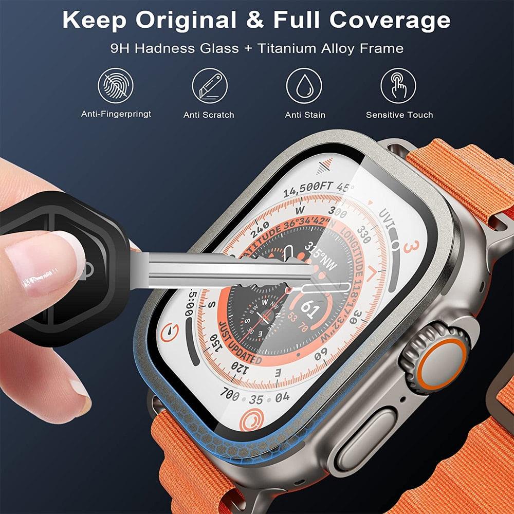 Tempered Glass Screen Protector for Apple Watch Ultra 49mm Metal Aluminum Alloy Bumper