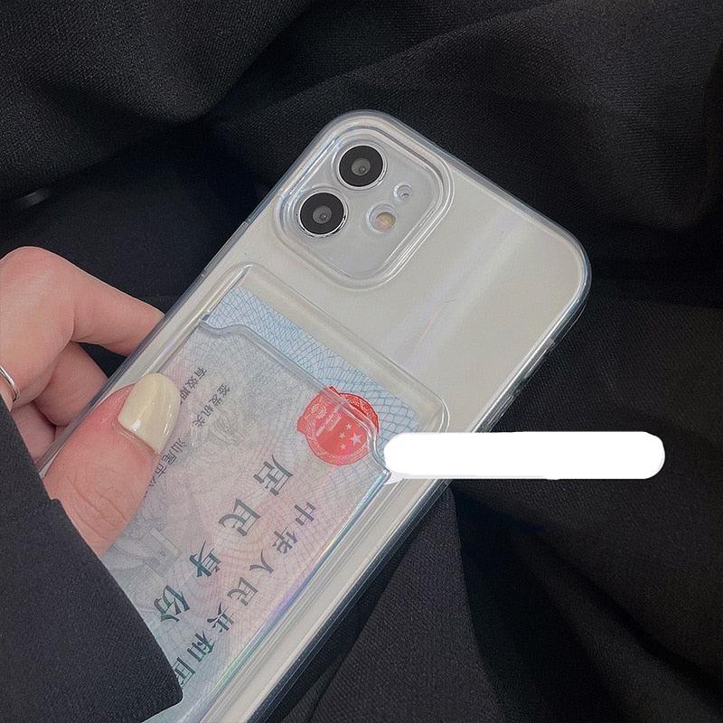 Transparent Aurora Card Holder Case For iPhone 14 13 11 12 Pro Max Mini X S XR 8 7 Plus SE