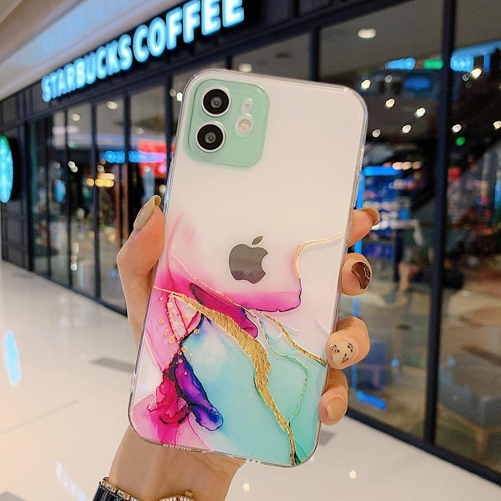 Marble Watercolor Design iPhone Case Transparent Shockproof Cover For iPhone 13 12 11 Pro X XR Max Case For iPhone 8 7 Plus XS Max - i-Phonecases.com